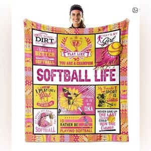 Softball Life Soft Fuzzy Blanket with Pink and Yellow Design NWT